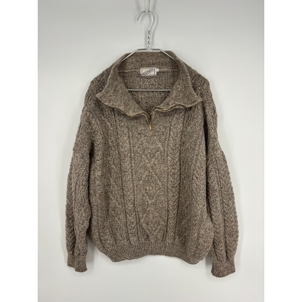 Kerry Traditions Sweater Mens L Brown Wool Fisherman Zip Neck  Cable Knit